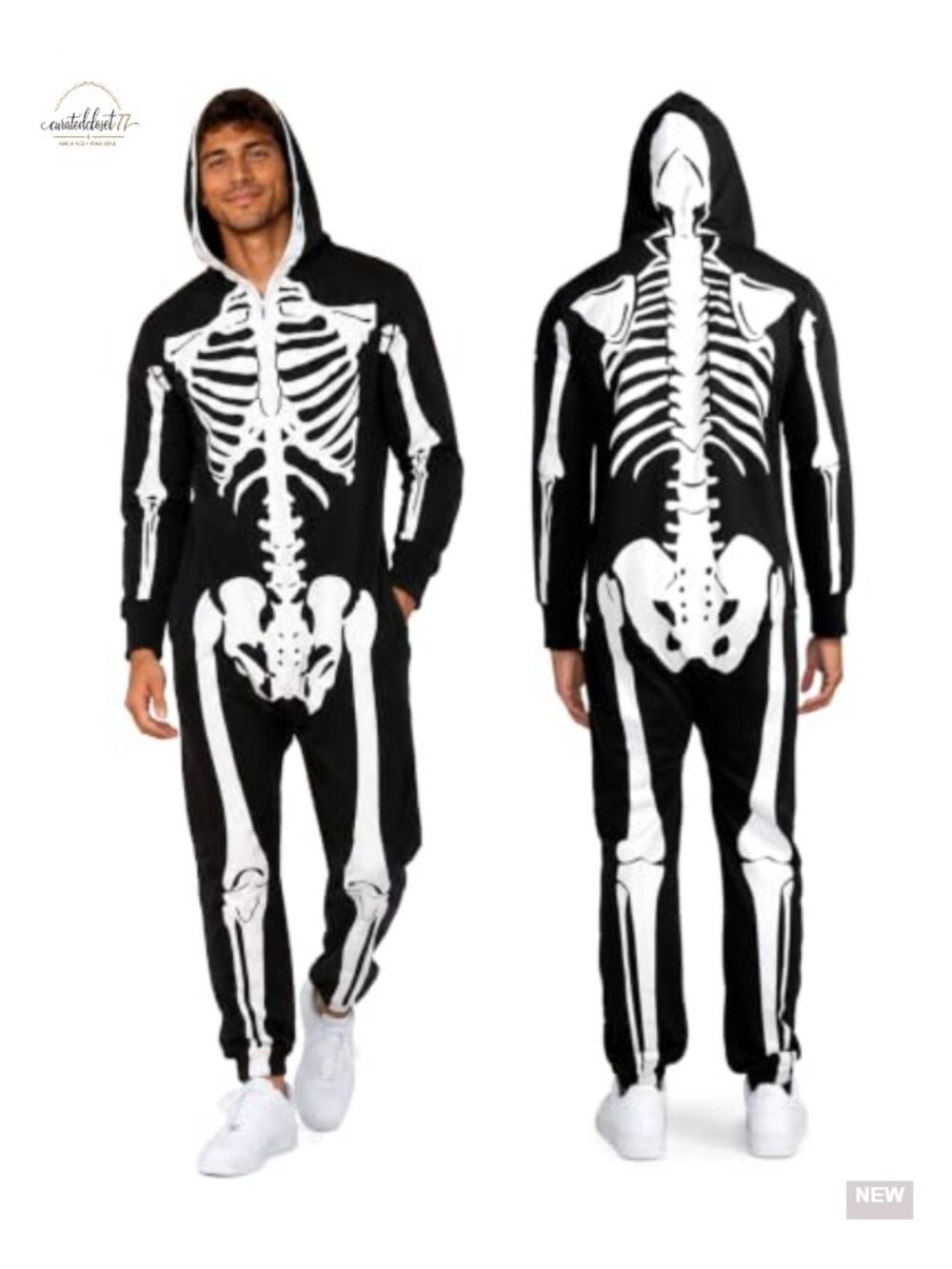 Men's Skeleton Costume Hooded Jumpsuit Halloween One-Piece Adult